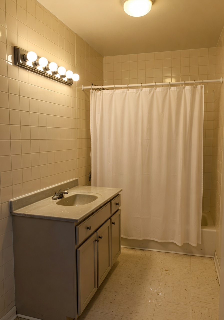 Builder-grade bathroom before a DecorAI AI bathroom remodel