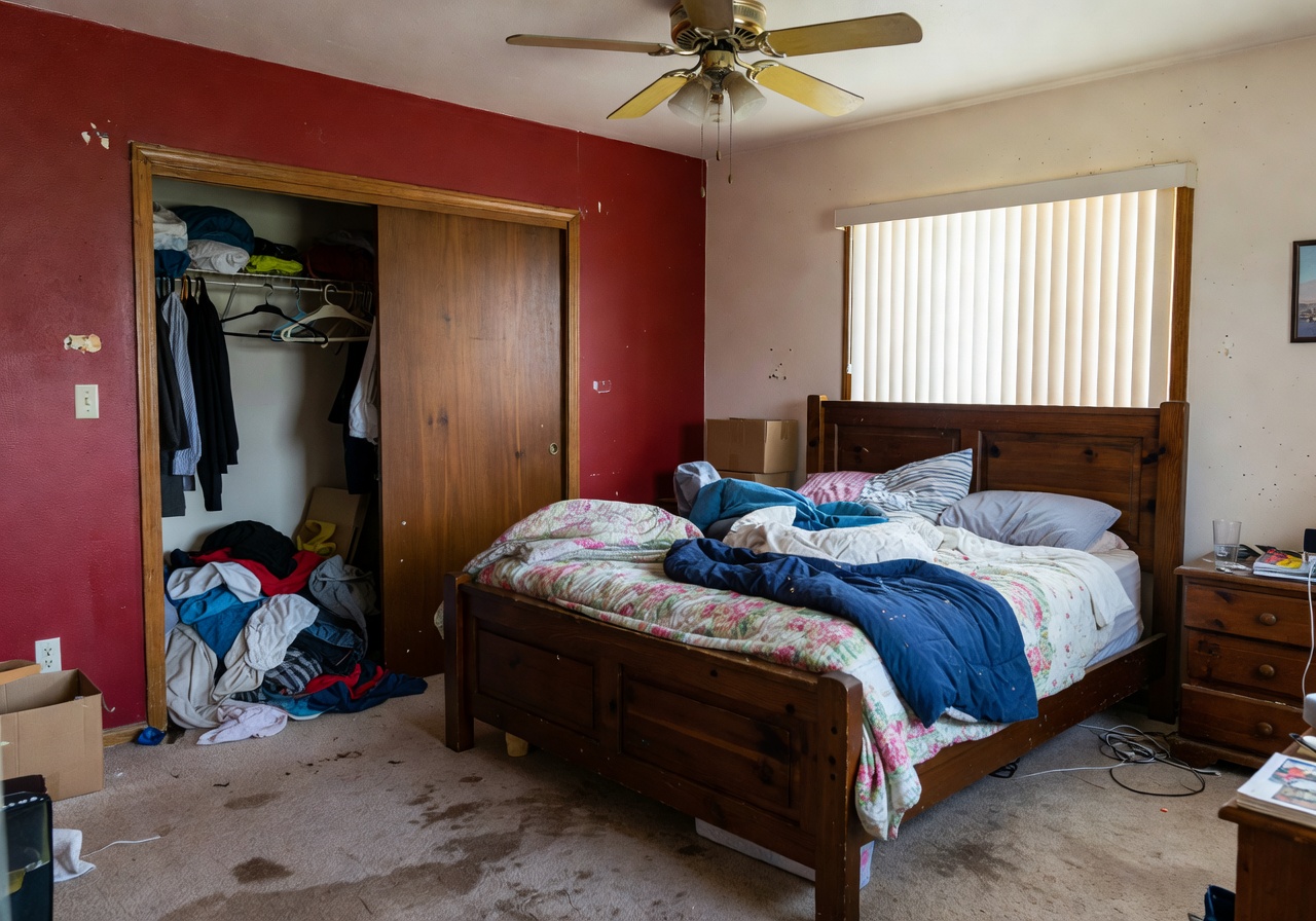 Cluttered bedroom before a DecorAI AI room makeover