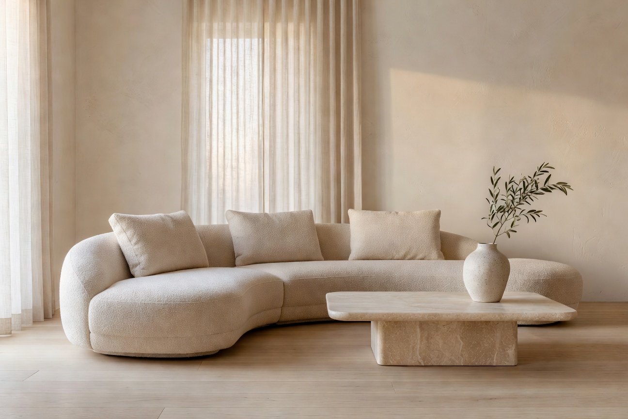 Modern organic living room redesigned inside the DecorAI AI interior design app